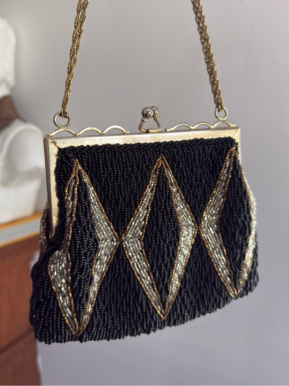 Vintage 1950’s Beaded Black and Gold Evening Bag
